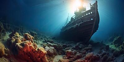 ai gerado. ai generativo. debaixo água mar oceano mergulho diferindo aventuras. embaixo da agua explorar viagem velho história enviar. náutico marinho profundo bluew vibe.graphic arte foto