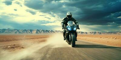 ai gerado. ai generativo. deserto areia estrada montanha bicicleta motocicleta Cruz futurista. aventura viagem estrada mover vibe. gráfico arte foto