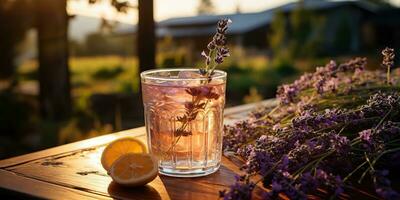 ai gerado. ai generativo. lavanda coquetéis com plantar flor. refrescar bebida beber dentro vidro em pôr do sol tarde em madeira mesa. festa família vibe. gráfico arte foto