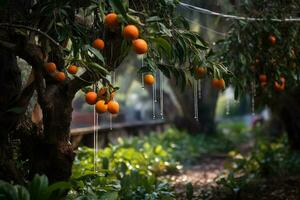 uma Arvoredo do laranja árvores com laranjas suspensão baixo foto