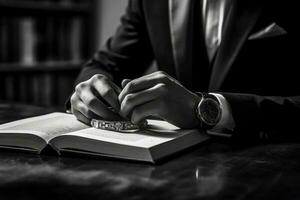 uma homem lendo uma livro enquanto vestindo uma terno e diamante Assistir foto