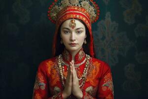 uma jovem mulher dentro cultural tradicional roupas, possivelmente indiano, ora com dela mãos junto. foto