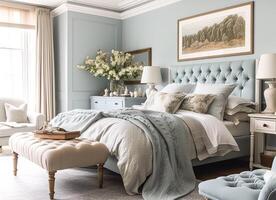 pálido azul quarto decoração, interior Projeto e feriado aluguel, cama com elegante roupa de cama e mobília, Inglês país casa e chalé estilo, generativo ai foto