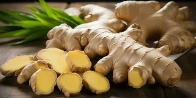 ai gerado. ai generativo. gengibre raiz vegetal orgânico eco Comida nutrição culinária picante saudável fresco erva. gráfico arte foto