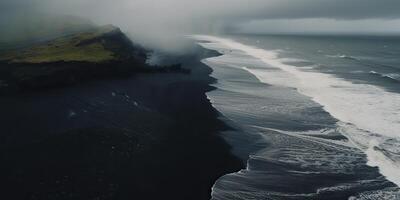 ai gerado. ai generativo. Islândia aéreo ar zangão visualizar. custo de praia oceano onda linha. Preto areia panorama. aventura natureza viagem vibe. gráfico arte foto