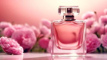 luxuoso floral aroma, fragrância garrafa e Rosa flores, perfume comercial dentro flor jardim, sob medida perfumaria e beleza produtos oferta, generativo ai foto