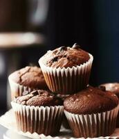 chocolate bolos, bolos ou bolos de copo, cozido dentro uma padaria feriado doce Comida receita ideia, generativo ai foto