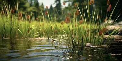 ai gerado. ai generativo. foto ilustração do lagoa sedge às lago mar rio água. plantar flora florescer. gráfico arte