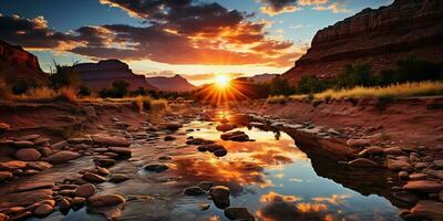 ai gerado. ai generativo. deserto desfiladeiro montanha Rocha Colina natureza aventura panorama viagem explorar lago árvore período de férias caminhada vibração pôr do sol. gráfico arte foto