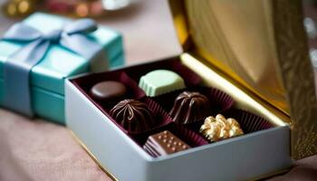 chocolates e chocolate bombons dentro uma presente caixa Como uma luxo feriado presente, generativo ai foto