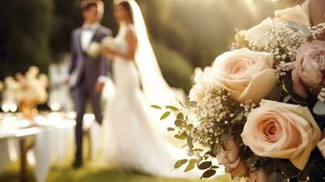 Casamento cerimônia e celebração, noiva e noivo às uma lindo ao ar livre local em uma ensolarado dia, luxo Casamento decoração com flores e nupcial ramalhete, generativo ai foto