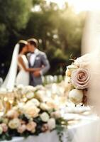 Casamento cerimônia e celebração, noiva e noivo às uma lindo ao ar livre local em uma ensolarado dia, luxo Casamento decoração com flores e nupcial ramalhete, generativo ai foto