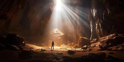 ai gerado. ai generativo. debaixo terra ao ar livre natureza caverna com luz cena. aventura explorar viagem período de férias Tour vibe. gráfico arte foto