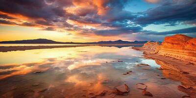 ai gerado. ai generativo. Bolívia sal lago. Rosa nuvens refletir em água lago superfície. aventura viagem período de férias ao ar livre natureza vibe. gráfico arte foto