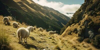 ai gerado. ai generativo. ovelhas pastar em lindo montanha colinas panorama. Paz calafrio ao ar livre natureza vibe. gráfico arte foto