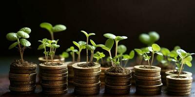 ai gerado. ai generativo. crescendo finança dinheiro estoque investir moedas jarra com verde plantar. gráfico arte foto