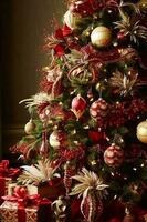 Natal árvore com clássico enfeites e decorações, Inglês país casa e chalé estilo, alegre Natal e feliz feriados desejos, generativo ai foto