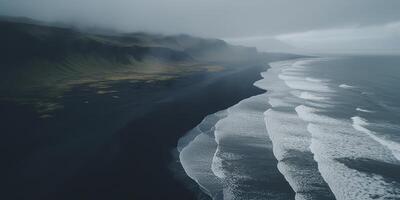 ai gerado. ai generativo. Islândia aéreo ar zangão visualizar. custo de praia oceano onda linha. Preto areia panorama. aventura natureza viagem vibe. gráfico arte foto