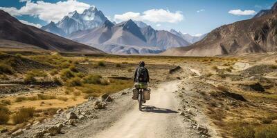 ai gerado. ai generativo. montanha bicicleta ciclismo ativo em forma esporte aventura viagem com bagagem. gráfico arte foto