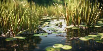 ai gerado. ai generativo. foto ilustração do lagoa sedge às lago mar rio água. plantar flora florescer. gráfico arte