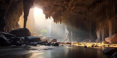 ai gerado. ai generativo. debaixo terra ao ar livre natureza caverna com luz cena. aventura explorar viagem período de férias Tour vibe. gráfico arte foto