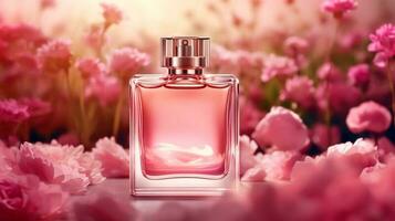 luxuoso floral aroma, fragrância garrafa e Rosa flores, perfume comercial dentro flor jardim, sob medida perfumaria e beleza produtos oferta, generativo ai foto