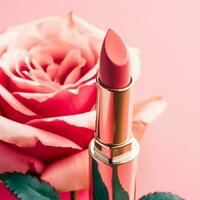 Rosa batom dentro uma dourado tubo e florescendo rosa flor, beleza Cosmético e Maquiagem produtos, generativo ai foto