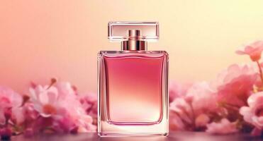 luxuoso floral aroma, fragrância garrafa e Rosa flores, perfume comercial dentro flor jardim, sob medida perfumaria e beleza produtos oferta, generativo ai foto