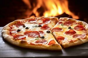 pizza capricciosa caseiro com fogo dentro a forno, conectados Entrega a partir de pizzaria, levar longe e italiano velozes comida, generativo ai foto