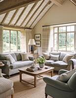 país chalé salão decoração, sentado quarto e Cotswolds estilo interior projeto, vivo quarto mobília, sofá e casa decoração dentro elegante Inglês país casa estilo, generativo ai foto