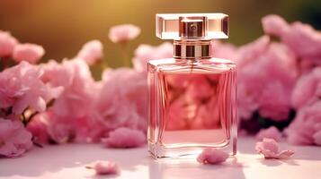 luxuoso floral aroma, fragrância garrafa e Rosa flores, perfume comercial dentro flor jardim, sob medida perfumaria e beleza produtos oferta, generativo ai foto