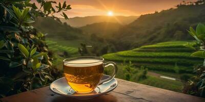 ai gerado. ai generativo. copo do verde chá com campo verde plantação montanha fundo cena. gráfico arte foto