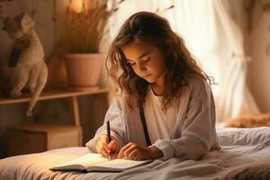 jovem menina lendo e escrevendo dentro a caderno foto