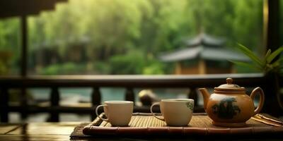 ai gerado. ai generativo. chinês têmpora com chá conjunto em bambu. mesa. ásia tradicional arquitetura decoração Projeto. aventura meditação vibe. gráfico arte foto