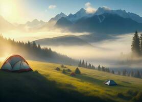 natureza turismo.tenda acampamento em a Prado dentro inverno. generativo ai foto