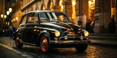 ai gerado. ai generativo. clássico retro vintage nostalgia carro decreto 500 em pequeno Itália tarde rua cidade. gráfico arte foto