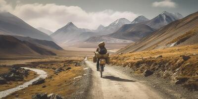 ai gerado. ai generativo. montanha bicicleta ciclismo ativo em forma esporte aventura viagem com bagagem. gráfico arte foto