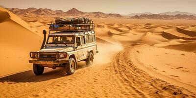 ai gerado. ai generativo. carro jipe veículo dentro deserto areia panorama. estrada aventura viagem viagem período de férias. gráfico arte foto