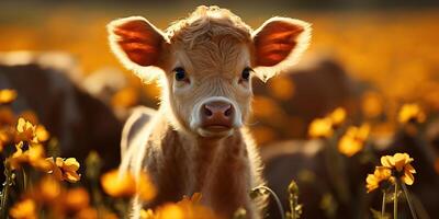 ai gerado. ai generativo. lindo jovem tilintar bezerro em girassol campo às pôr do sol. natureza panorama Fazenda vaca animal vibe. gráfico arte foto