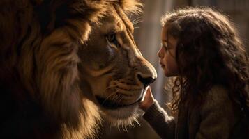 perfil do uma destemido jovem fêmea criança suavemente tocante a face do uma muito ampla leão - generativo ai. foto