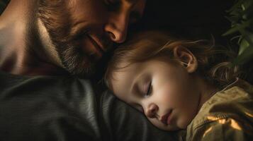 pacífico criança dorme em dele do pai peito - generativo ai. foto