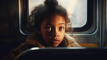 triste, com medo, solitário e frio criança senta em uma escola ônibus sozinho - generativo ai. foto