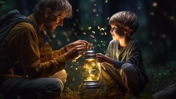 pai e filho tendo Diversão pegando vaga-lume iluminação insetos juntos - generativo ai. foto
