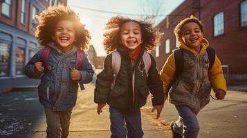 feliz rindo multiétnico crianças em seus caminho para escola - generativo ai. foto