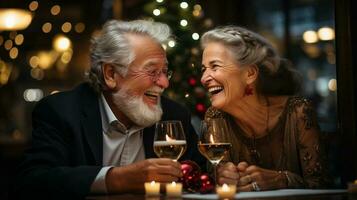 feliz Senior adulto casal desfrutando uma feriado vidro do vinho juntos Fora em a Cidade - generativo ai. foto
