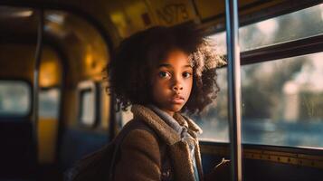 triste, com medo, solitário e frio criança senta em uma escola ônibus sozinho - generativo ai. foto