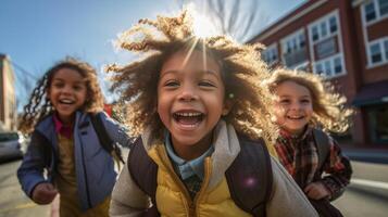 feliz rindo multiétnico crianças em seus caminho para escola - generativo ai. foto