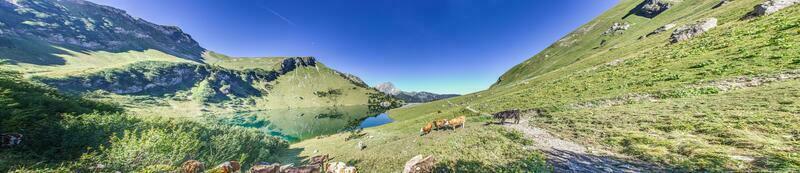 panorâmico Visão sobre a montanhas em a três lagos rota dentro a tannheimer valei n verão foto