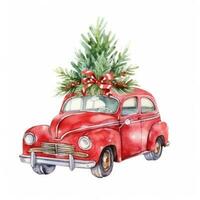 fofa Natal aguarela vermelho retro carro com Natal árvore mentiras em isto isolado foto