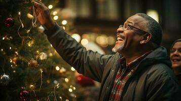feliz Senior adulto africano americano homem decoração a Natal árvore - generativo ai. foto